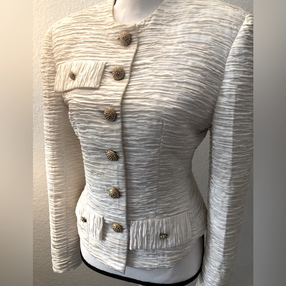 Ivory Jacket w/ rhinestone buttons w/ textured/ribbed / gathered fabric. - Picture 5 of 9